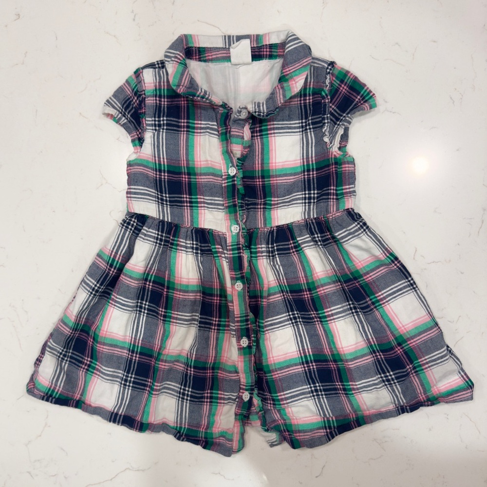 Girls Navy and Pink Plaid Button-Front Dress